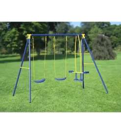 Giochi E Casette Bimbo- Altalena per bambini doppia con cavalluccio essenza "4 misura" in acciaio e plastica colore blu 261x142x182 cm