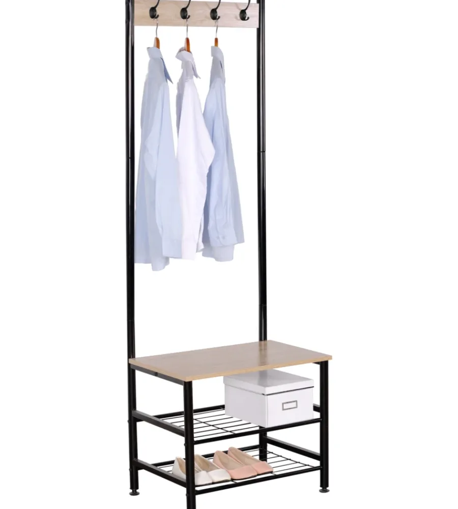 Mobili Da Ingresso- Appendiabiti in metallo nero e ripiani legno, 60x40x175 cm