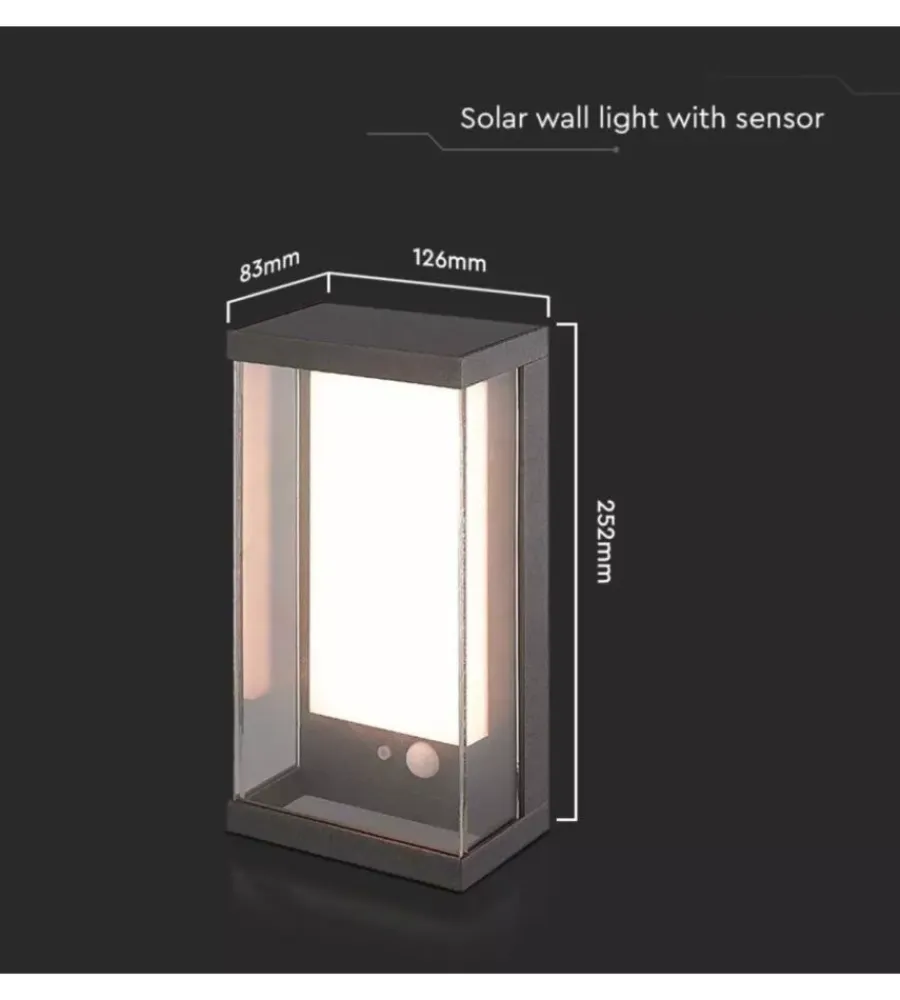 Illuminazione Per Esterno- Applique grigio scuro a led con pannello solare 3000k, 8,3x12,6x25,2 cm