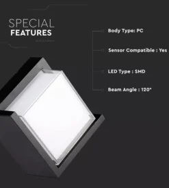 Illuminazione Per Esterno|Applique led da esterno quadrata semicoperta vtac nero 3000k 12w