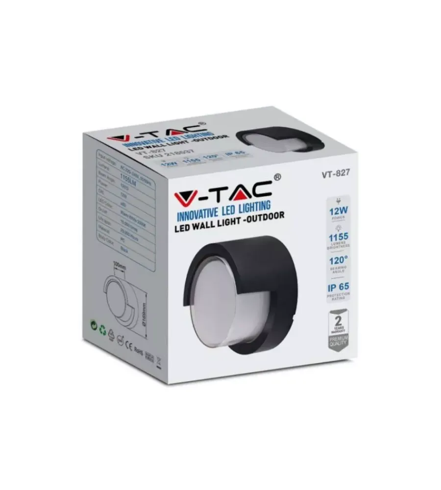 Illuminazione Per Esterno|Applique led da esterno rotonda semicoperta vtac nero 3000k 12w
