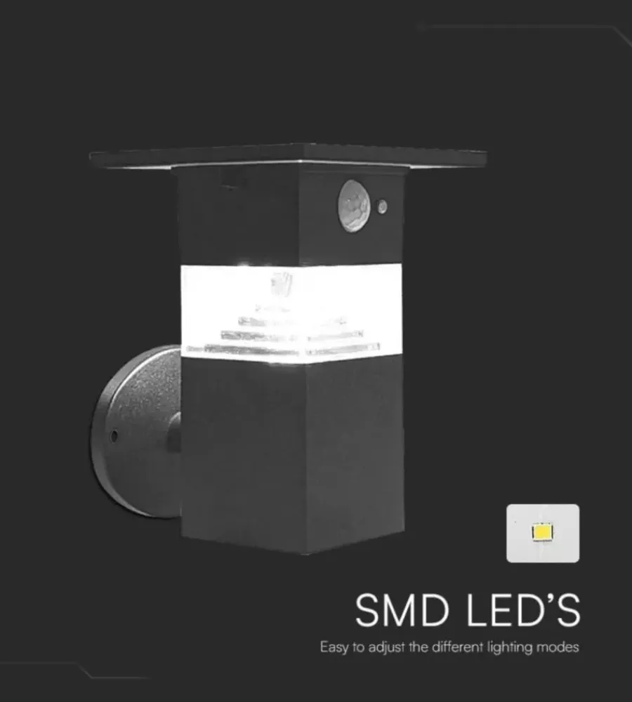 Illuminazione Per Esterno|Applique led solare da esterno vtac nero con sensore 3000k