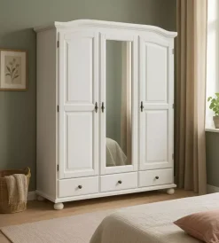 Armadio 3 ante + 3 cassetti in pino massello bianco, 150x56x200 cm Armadi
