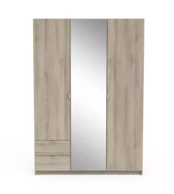 Armadi- Armadio 3 ante con specchio 2 cassetti quercia, 133,5x51,4x191,5 cm