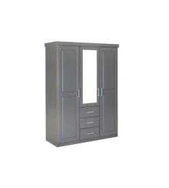 Armadi- Armadio 3 ante e 3 cassetti in legno di pino massello grigio, 140x55x190 cm