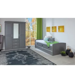 Armadi- Armadio 3 ante e 3 cassetti in legno di pino massello grigio, 140x55x190 cm