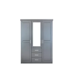 Armadi- Armadio 3 ante e 3 cassetti in legno di pino massello grigio, 140x55x190 cm