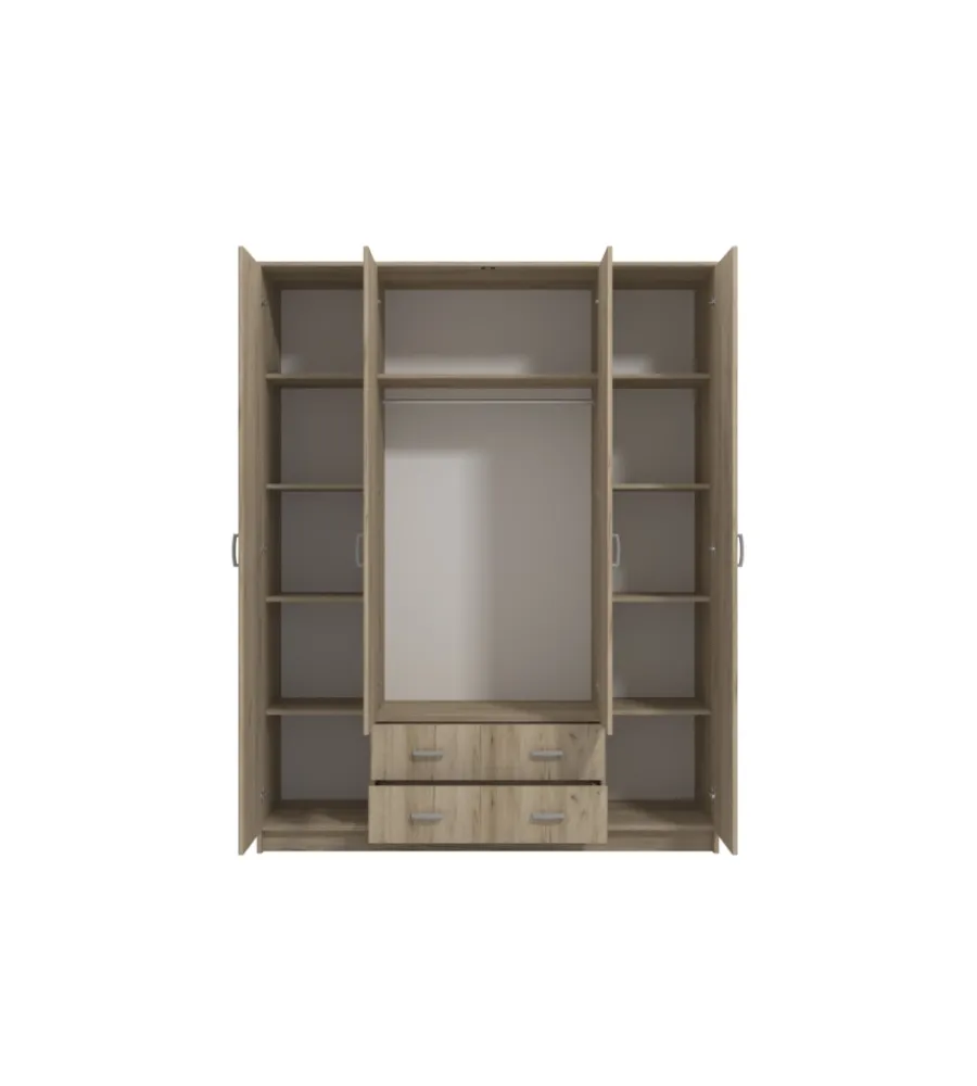 BellaHome Armadi|Armadio "praga" 4 ante quercia e specchio, 160x52x205 cm