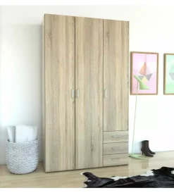 Armadi|Armadio "space" con 3 ante e 3 cassetti effetto quercia, 115,8x49,50x200,40h cm