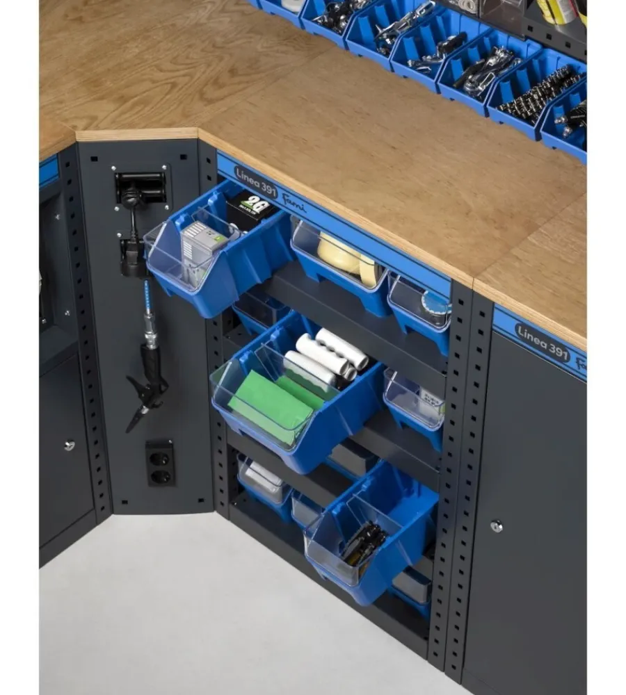 Officina E Garage- Arredamento modulare fami "linea 391" con armadi con 1 anta, carrello a 3 piani e contenitori in lamiera antracite 212,8x49,5x190 cm