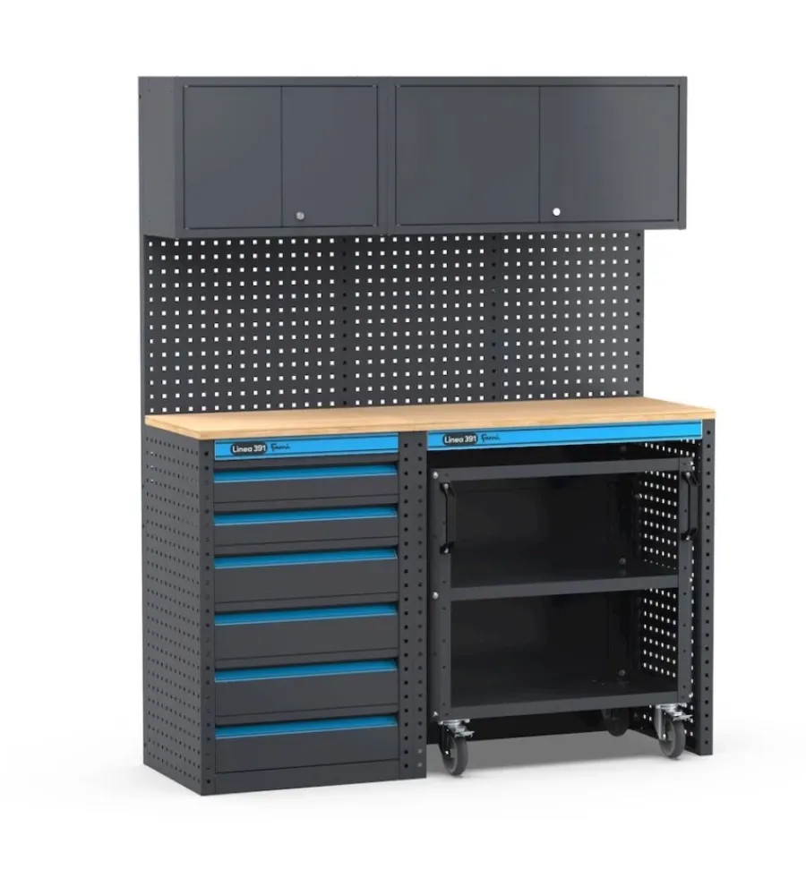 Officina E Garage- Arredamento modulare garage fami "linea 391" con cassettiera e carrello a 3 piani in lamiera antracite 152x49,5x190 cm