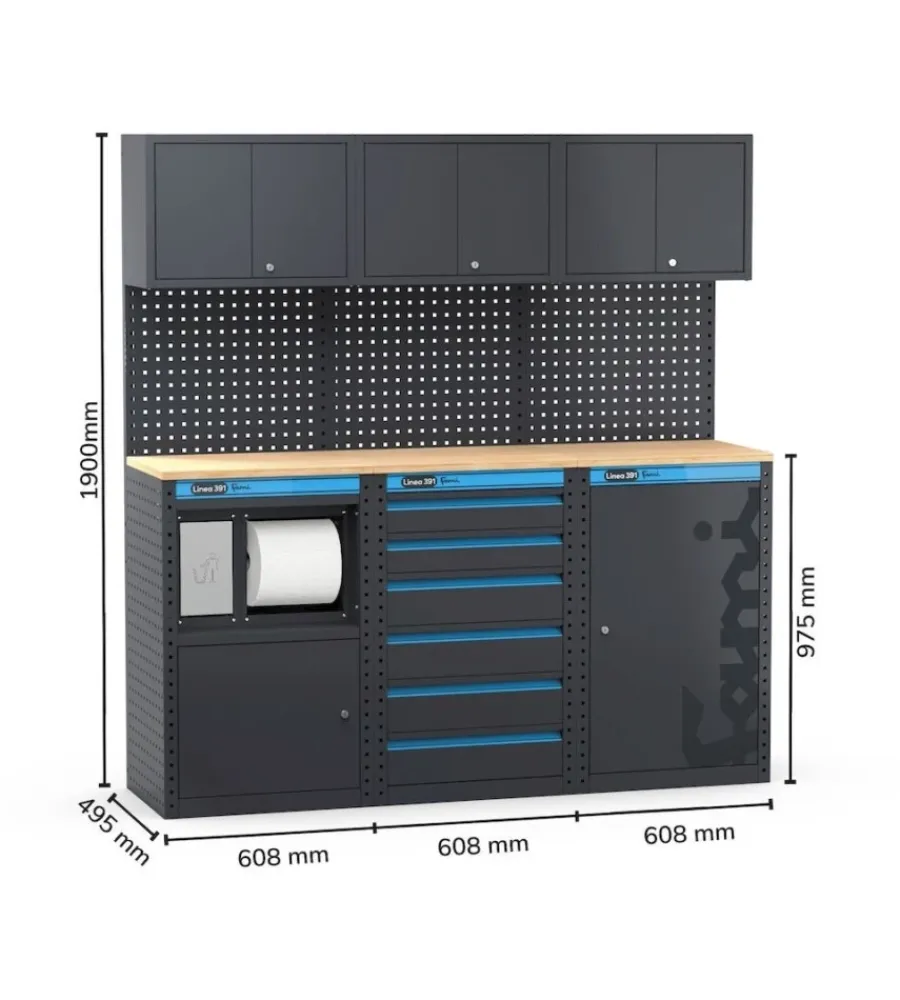 Officina E Garage- Arredamento modulare garage fami "linea 391" con modulo di servizio, cassettiera e armadio 1 anta in lamiera antracite 182,4x49,5x190 cm