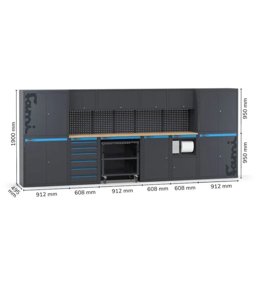 Officina E Garage- Arredamento modulare garage fami "linea 391" con armadi ad anta, cassettiera, carrello e modulo di servizio in lamiera antracite 456x49,5x190 cm