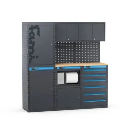 Officina E Garage- Arredamento modulare garage fami "linea 391" con armadi a 1 anta, modulo di servizio e cassettiera in lamiera antracite 182,4x49,5x190 cm