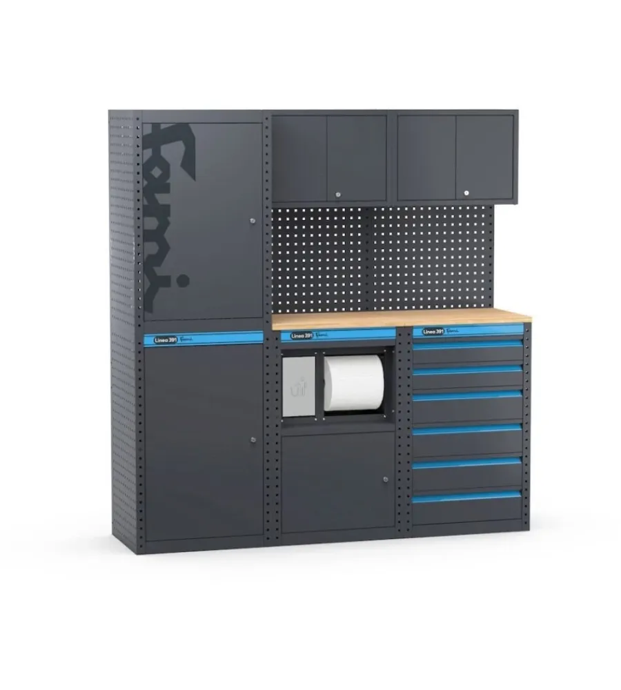 Officina E Garage- Arredamento modulare garage fami "linea 391" con armadi a 1 anta, modulo di servizio e cassettiera in lamiera antracite 182,4x49,5x190 cm