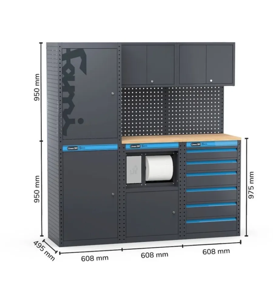 Officina E Garage- Arredamento modulare garage fami "linea 391" con armadi a 1 anta, modulo di servizio e cassettiera in lamiera antracite 182,4x49,5x190 cm