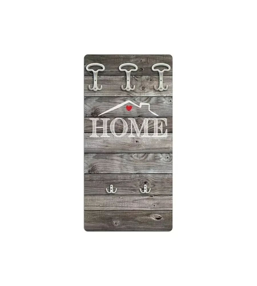 Decorazione Ambienti- Attaccapanni "home" in legno con 5 ganci, 45x90x1 cm