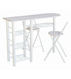 Tavoli- Banco cucina con due sgabelli in metallo bianco e legno, 120x40x88 cm
