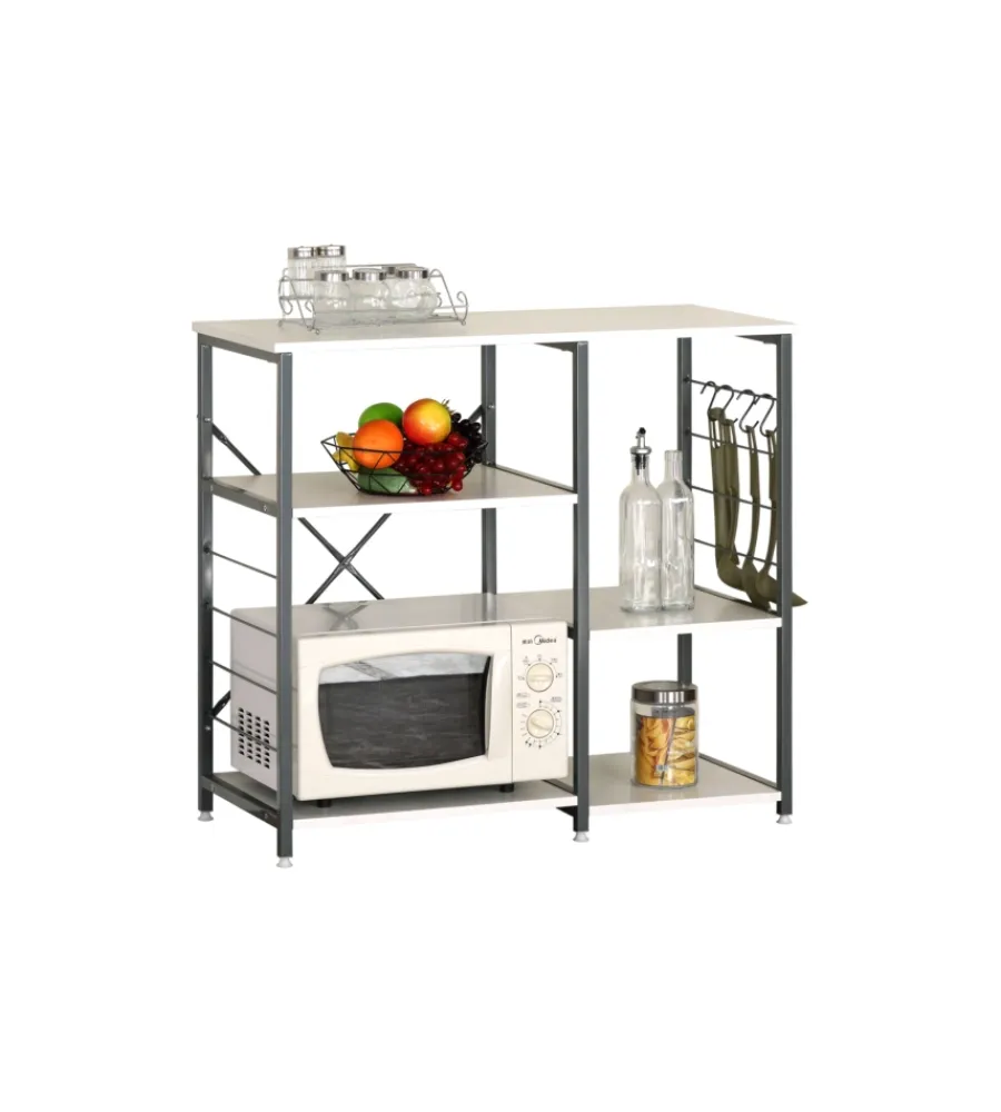 Cucina- Banco da cucina in metallo bianco e grigio con 5 ripiani, 90x40x82 cm
