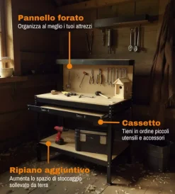 Officina E Garage|Banco da lavoro easy system con pannello preforato in metallo e mdf 119x59x90/150 cm