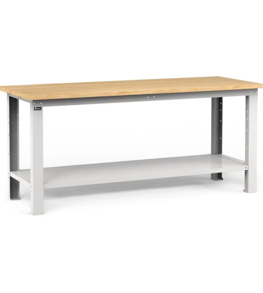 Officina E Garage|Banco da lavoro garage fisso fami "work" in legno di faggio e lamiera grigio chiaro 200x75x88,2 cm