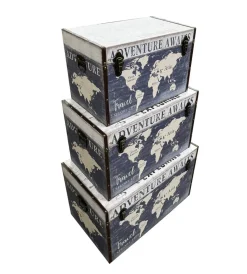 Decorazione Ambienti-BellaHome Baule in legno vintage rivestito in ecopelle fantasia adventure grande 69x40x44 cm