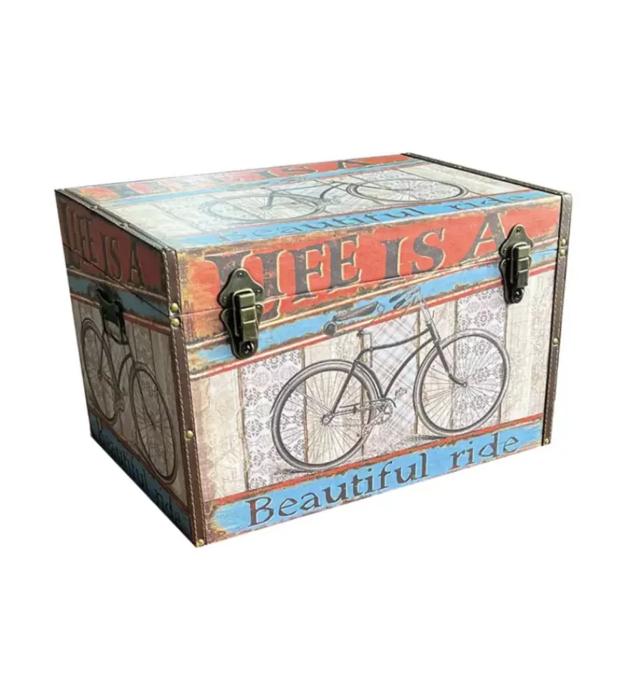 Decorazione Ambienti-BellaHome Baule in legno vintage rivestito in ecopelle fantasia route 66 piccolo 51x29,5x32,5 cm
