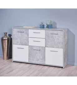 Credenze E Buffet- Buffet 5 ante e 2 cassetti marmo e bianco opaco, 115x30x77 cm