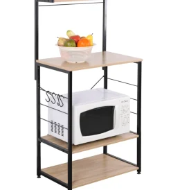 Cucina|Carrello da cucina metallo nero con 3 ripiani quercia, 60x40x123 cm