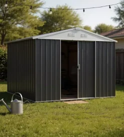 Domus Casette Da Giardino|Casetta da giardino "xl new" in metallo grigio con porte scorrevoli 267x300x194 cm
