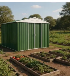 Domus Casette Da Giardino|Casetta da giardino "xl new" in metallo verde con porte scorrevoli 267x300x194 cm