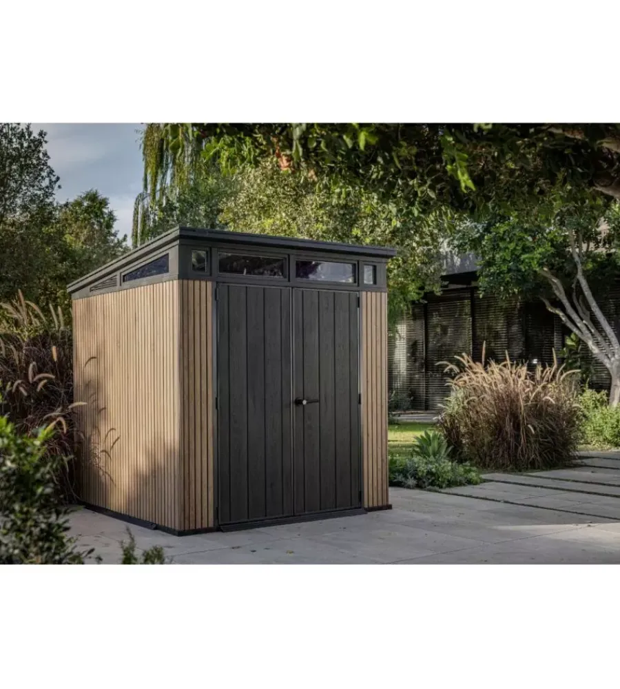 Sale Casetta da giardino "pent 7x7" in resina marrone con porta battente doppia 214x218x226 cm Casette Da Giardino