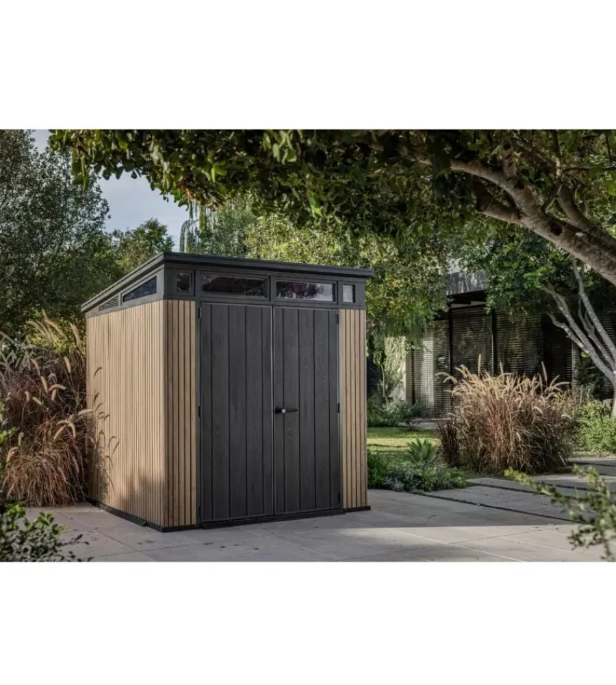 Sale Casetta da giardino "pent 7x7" in resina marrone con porta battente doppia 214x218x226 cm Casette Da Giardino