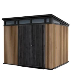 Outlet Casetta da giardino "pent 9x7" in resina marrone con porta battente doppia 277x218x226 cm Casette Da Giardino