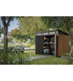 Outlet Casetta da giardino "pent 9x7" in resina marrone con porta battente doppia 277x218x226 cm Casette Da Giardino
