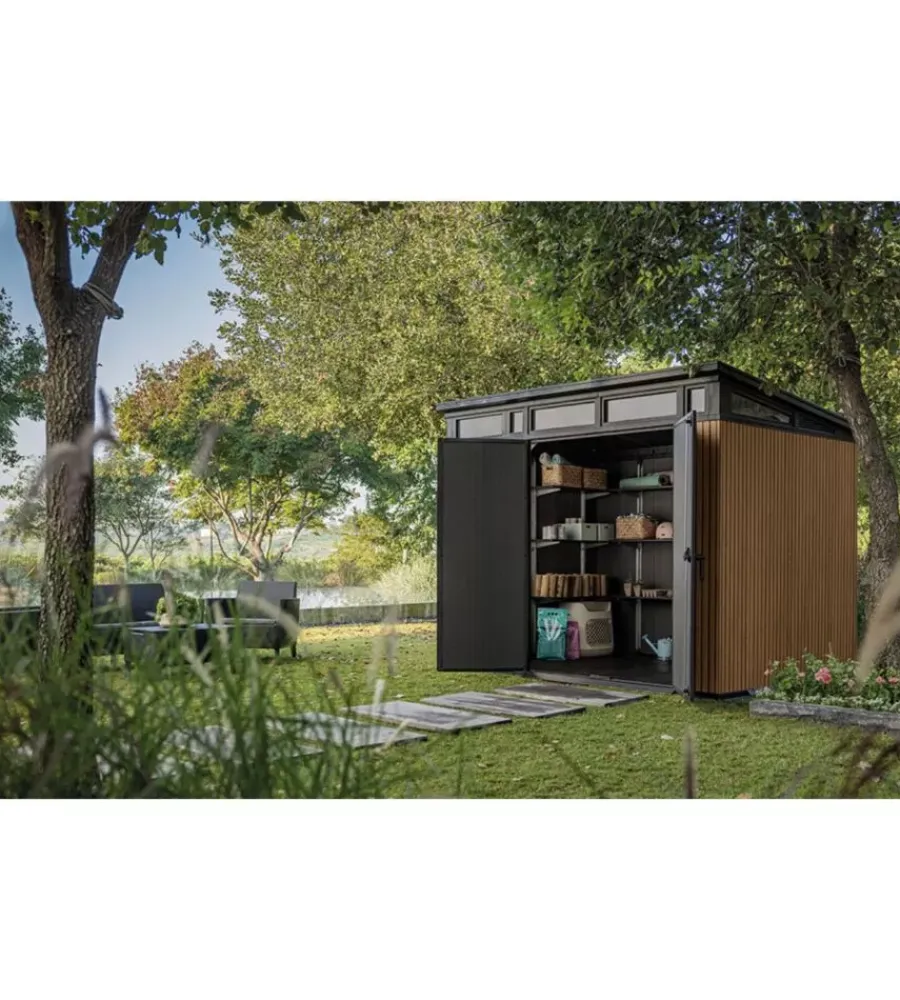 Outlet Casetta da giardino "pent 9x7" in resina marrone con porta battente doppia 277x218x226 cm Casette Da Giardino