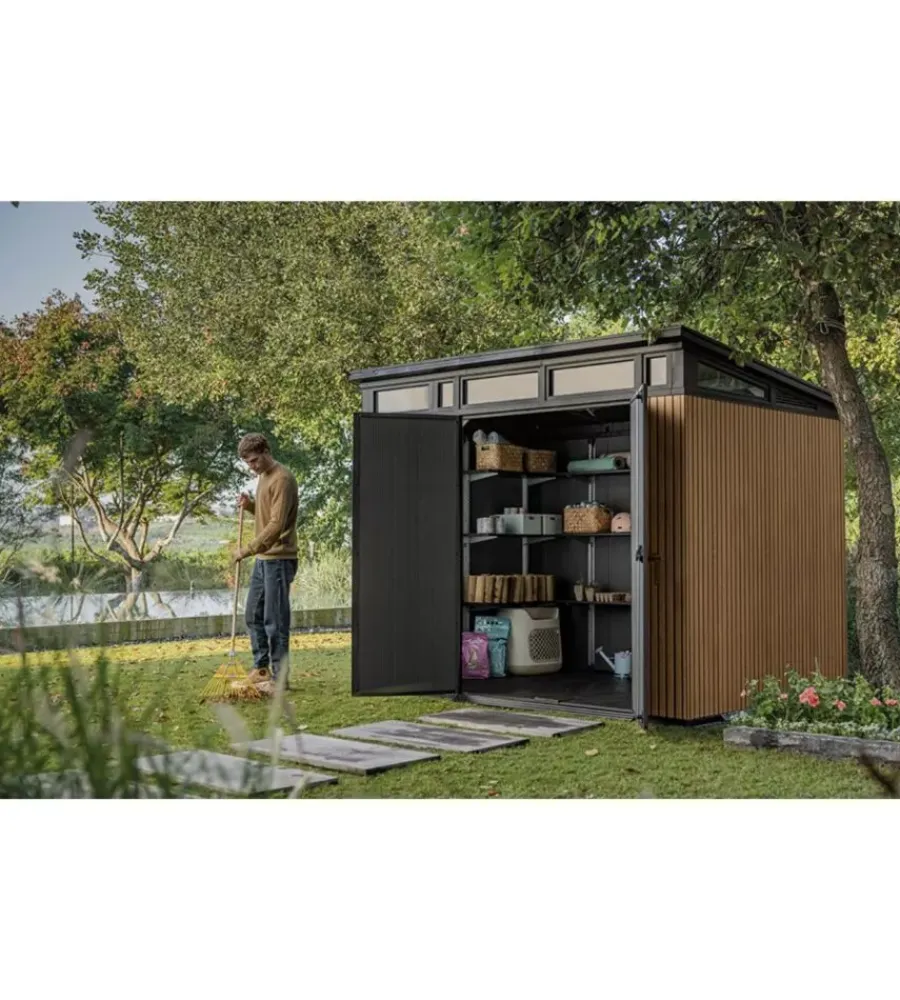 Outlet Casetta da giardino "pent 9x7" in resina marrone con porta battente doppia 277x218x226 cm Casette Da Giardino