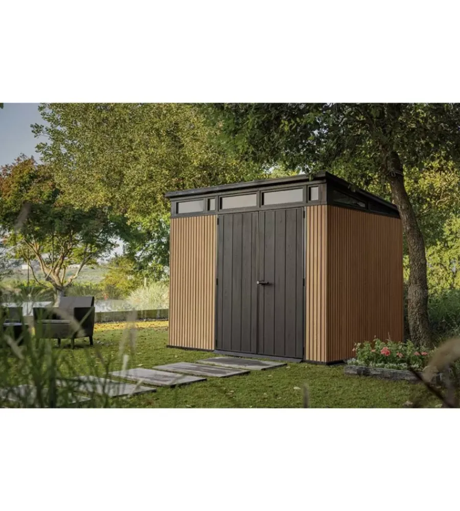 Outlet Casetta da giardino "pent 9x7" in resina marrone con porta battente doppia 277x218x226 cm Casette Da Giardino