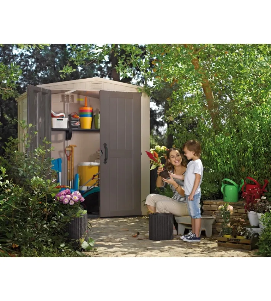 Keter Casette Da Giardino|Casetta da giardino "factor 6x6" in resina colore beige con porta battente doppia 178x195,5x208 cm
