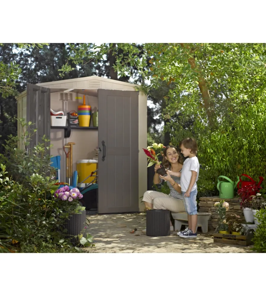 Keter Casette Da Giardino|Casetta da giardino "factor 6x6" in resina colore beige con porta battente doppia 178x195,5x208 cm