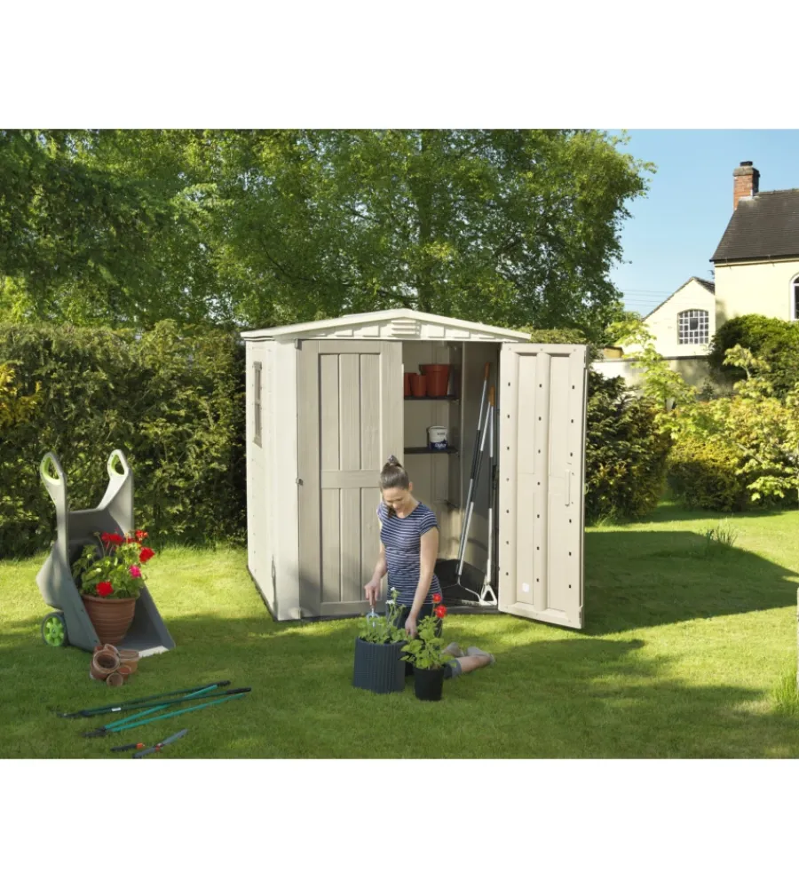 Keter Casette Da Giardino|Casetta da giardino "factor 6x6" in resina colore beige con porta battente doppia 178x195,5x208 cm