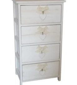 Cassettiere- Cassettiera armonia "white washed" 4 cassetti cuore e fiocchi in legno di paulownia 40x29x73 cm