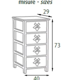 Cassettiere- Cassettiera armonia "white washed" 4 cassetti cuore e fiocchi in legno di paulownia 40x29x73 cm
