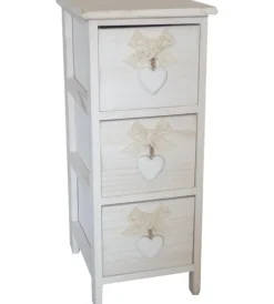 Cassettiere- Cassettiera armonia "white washed" 3 cassetti cuore e fiocchi in legno di paulownia 26x32x63 cm