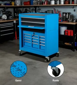 Easy System Officina E Garage|Cassettiera porta attrezzi in metallo con ruote e cassettiera movibile 61,6x33x108,2 cm