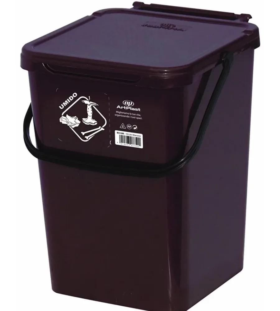 Ordine E Sistemazione-ART PLAST Cassonetto in plastica marrone con coperchio per raccolta differenziata, 10 lt