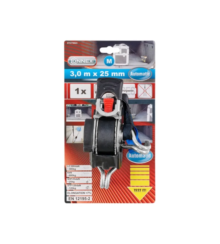 Sale Cinghia di ancoraggio 600 kg. 25 mm. x 3,5 mt. con tenditore automatico a cricchetto Sistemi Di Fissaggio