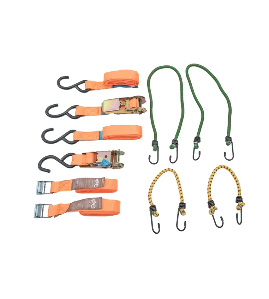 Sistemi Di Fissaggio- Cinghia di ancoraggio in kit 8 pz. con tenditori e cavo elastico in confezione riutilizzabile