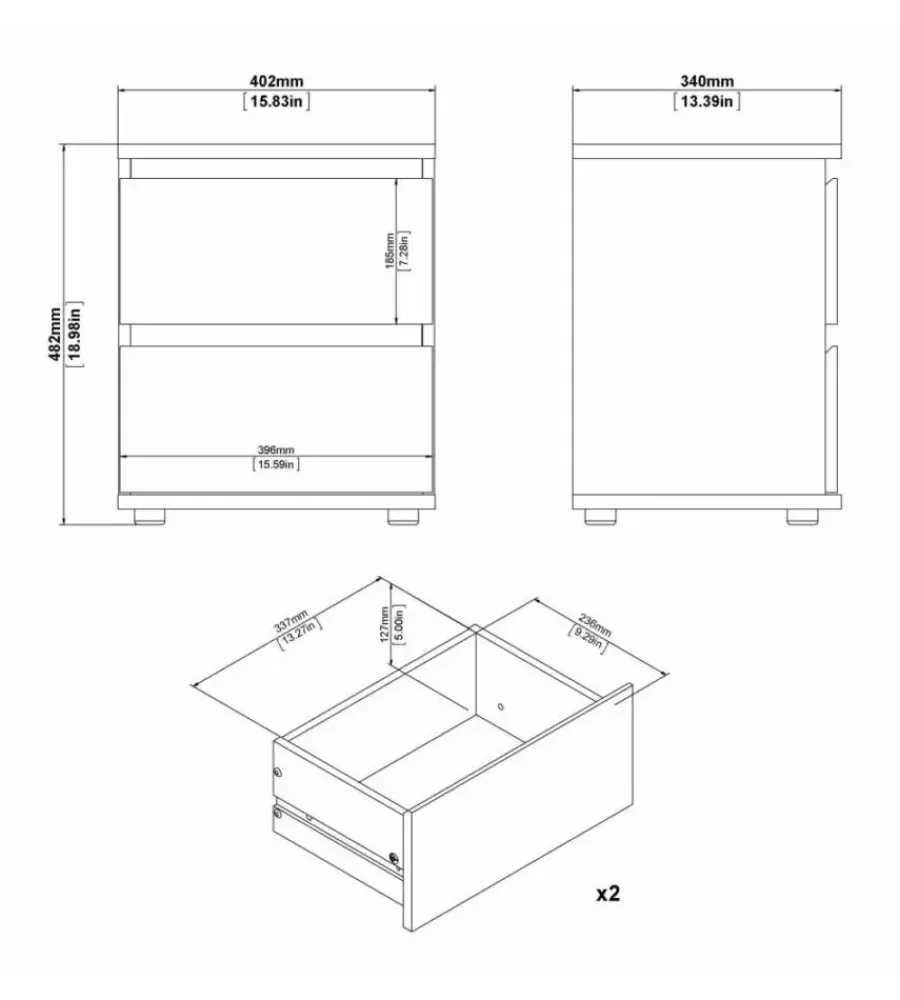 Letti E Comodini- Comodino 2 cassetti "nova" bianco 40,2x34x48,2 cm