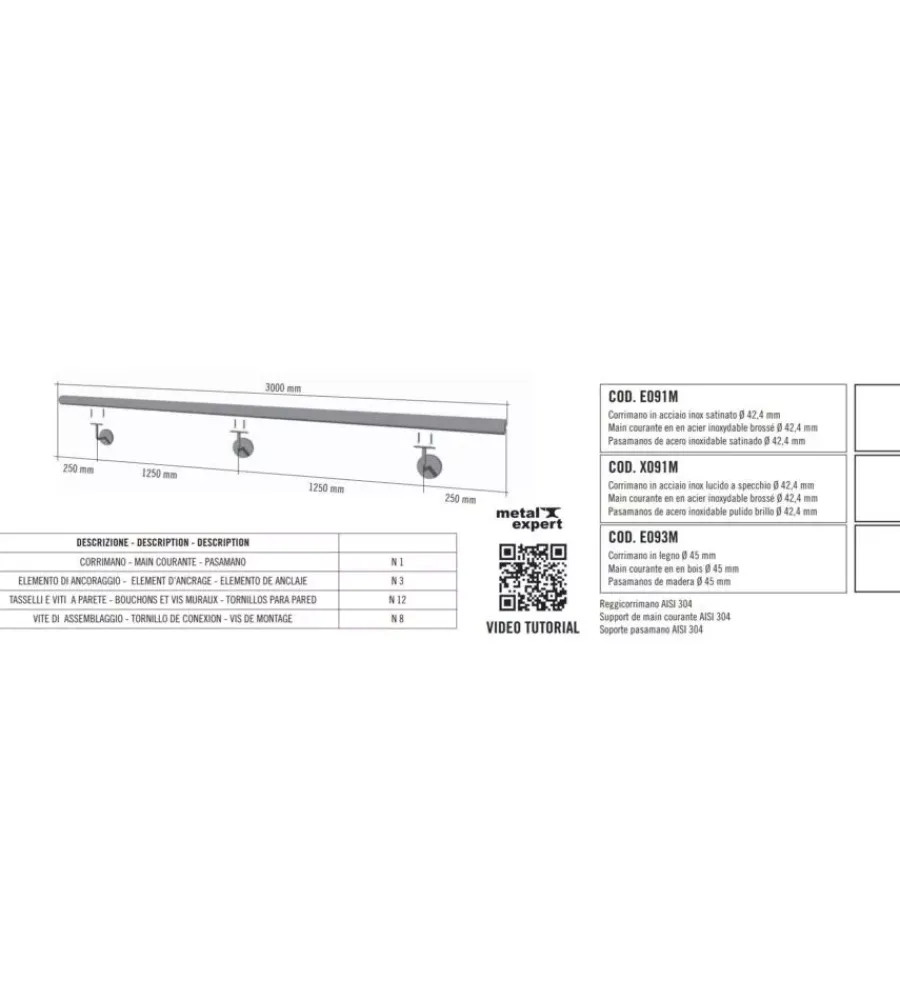Metal Expert Porte, Scale E Pavimenti|Corrimano tondo in acciaio inox aisi 316 lucido da 3 metri - kit completo con ancoraggio